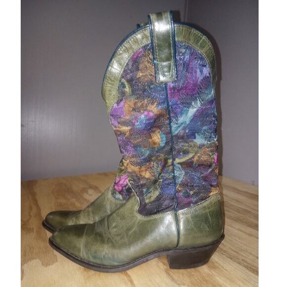 Men's Vintage Capezio Boots Cowboy Western Green Floral Tapestry 9 - Picture 1 of 3